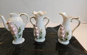 Vintage Ucago China Japan  3 Mini Vases white gold trim pink floral 4.5" tall